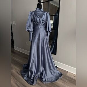 Satin Maxi Evening Gown in Dusty Blue with Puff Sleeves